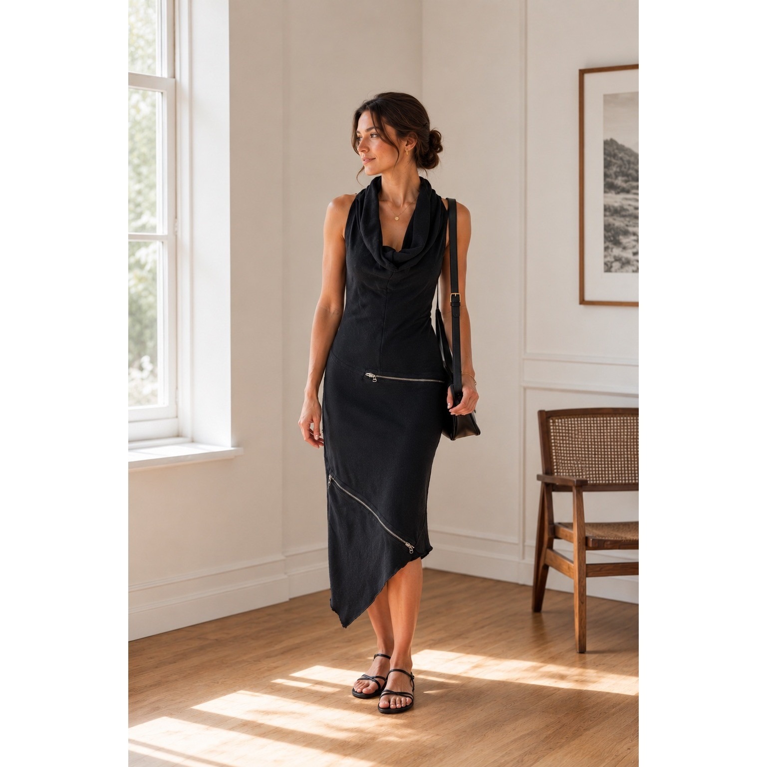 Preach Italy Black Draped Cowl Neck Asymmetrical Zip Dress Size Large Small Fit